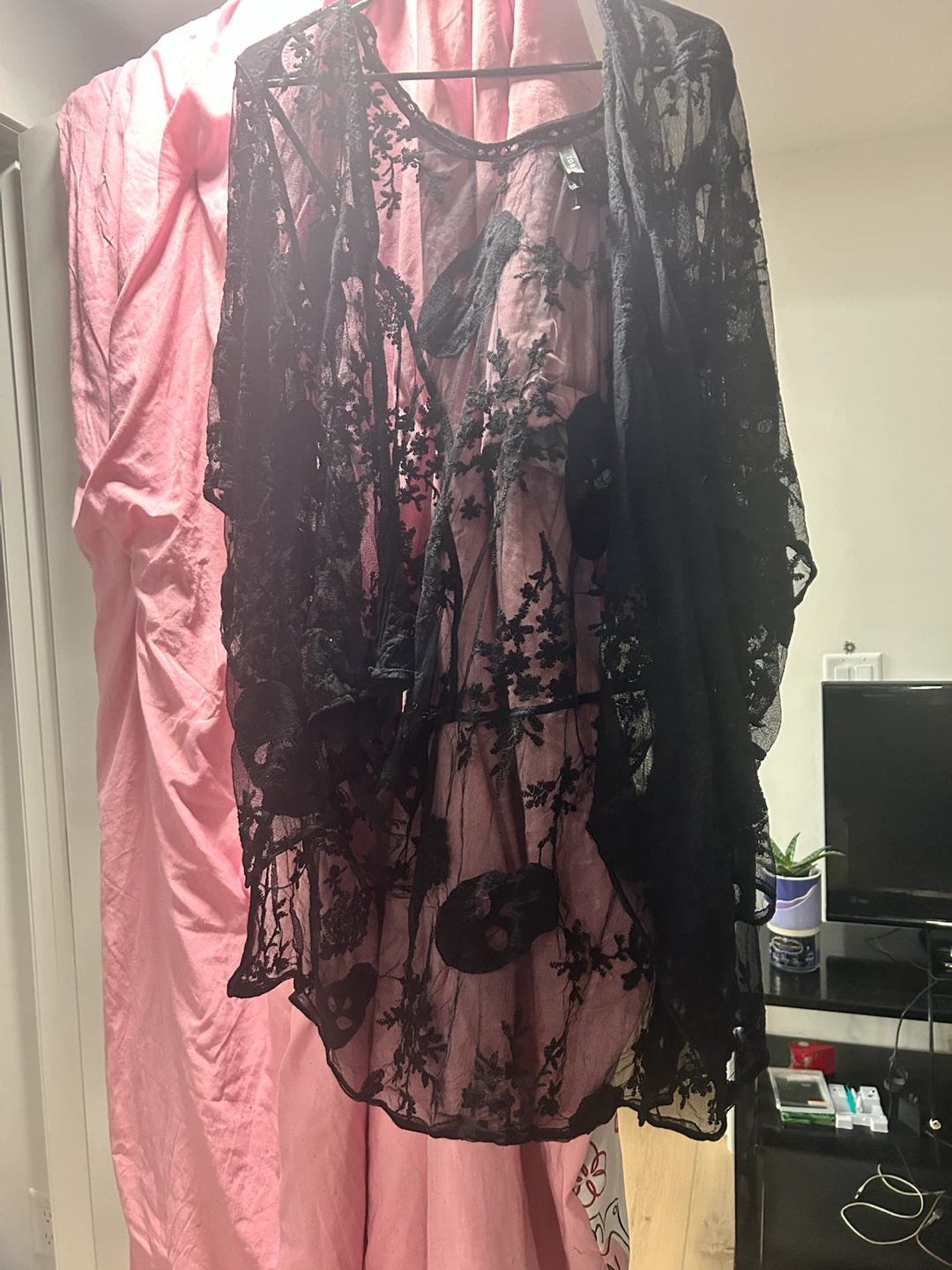 Black Lace Kimono with Skull and Floral Design