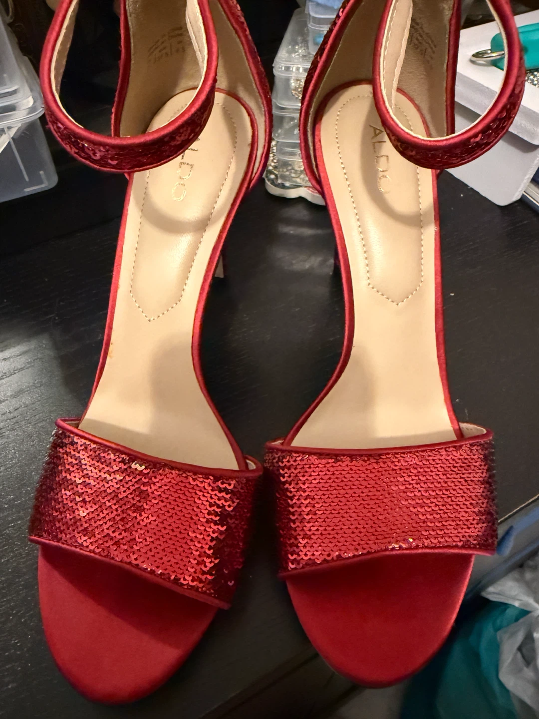 ALDO Red Sequin Ankle Strap Heels