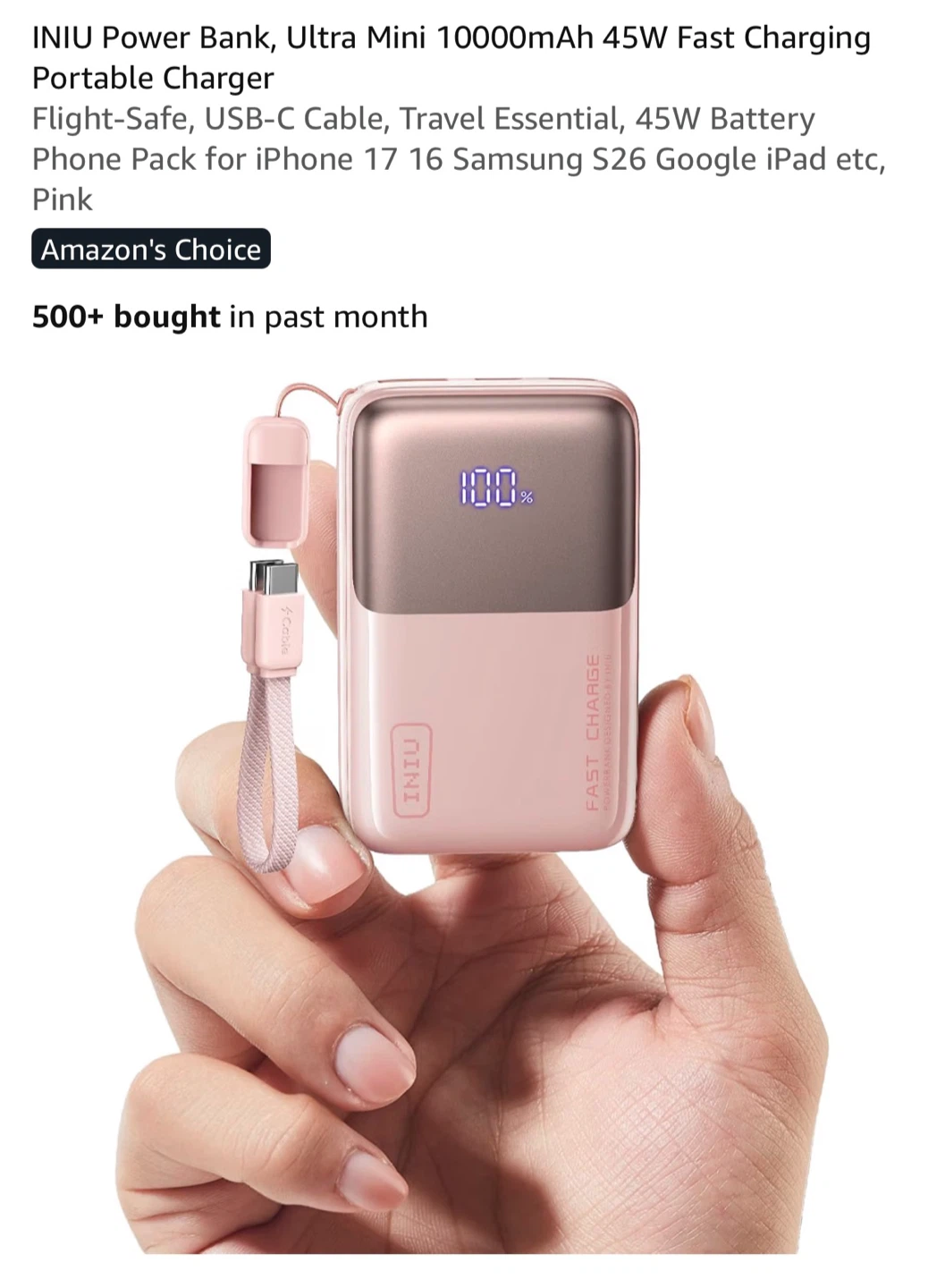 Pink! INIU 10000mAh Ultra Mini 45W Power Bank