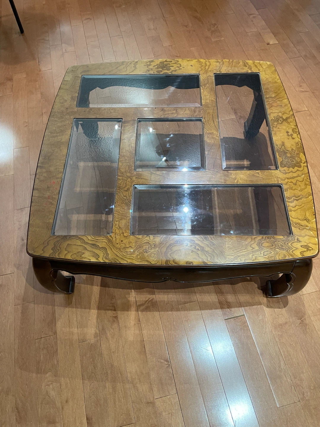 Burl Wood Coffee Table with Glass Insets