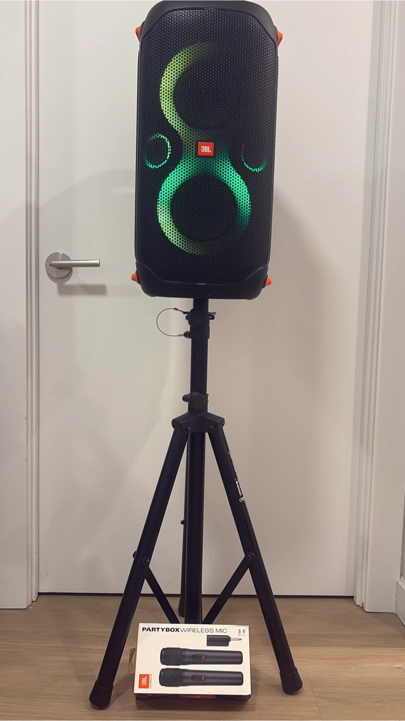 JBL PartyBox 110 Speaker, Stand, and Wireless Mics