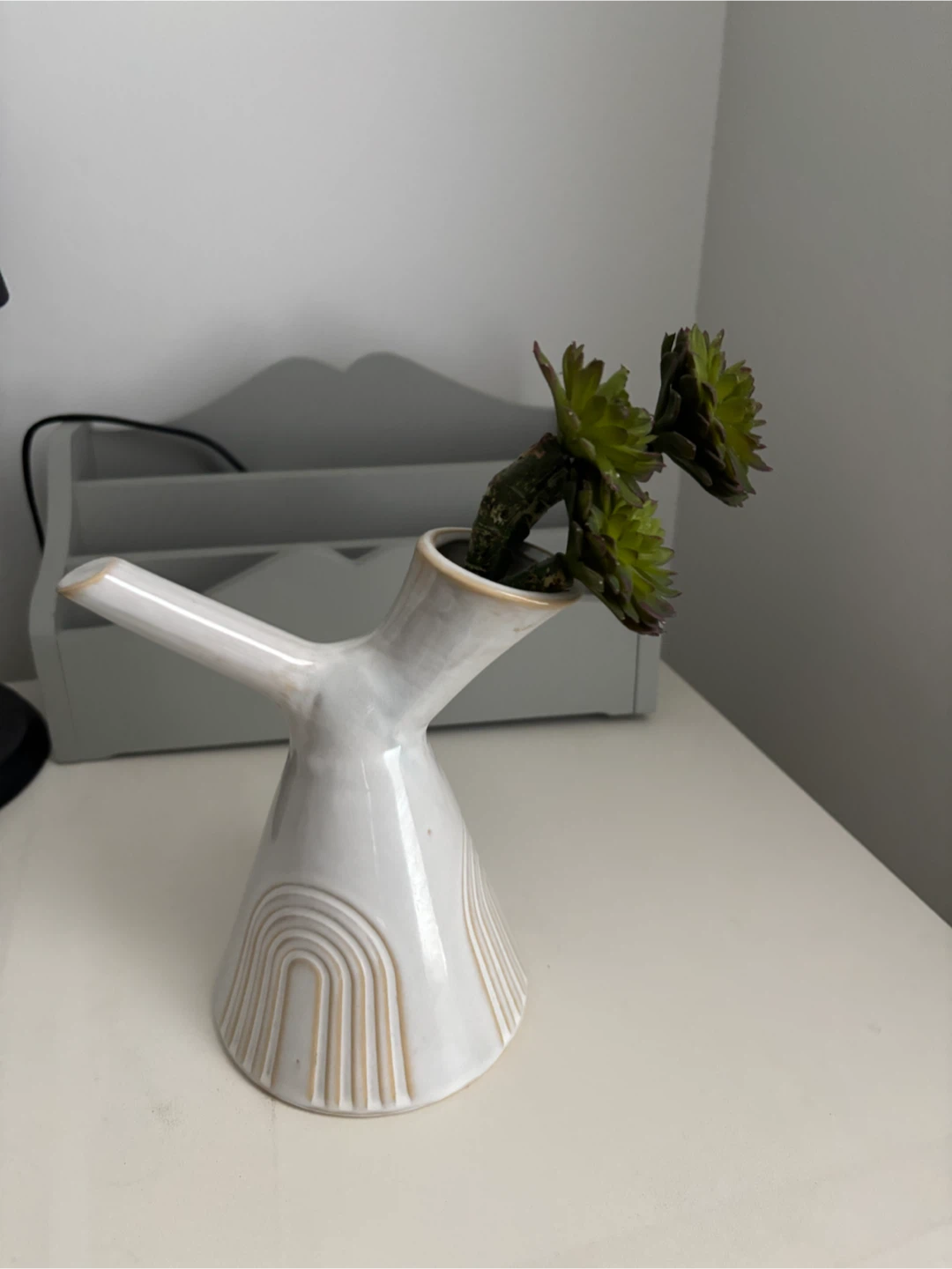 Ceramic Rainbow Vase with Faux Succulent
