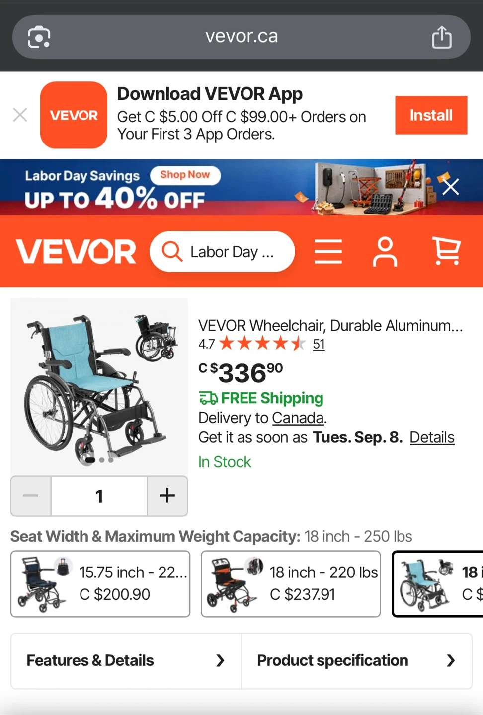 VEVOR Folding Wheelchair 18 inch - photo 3