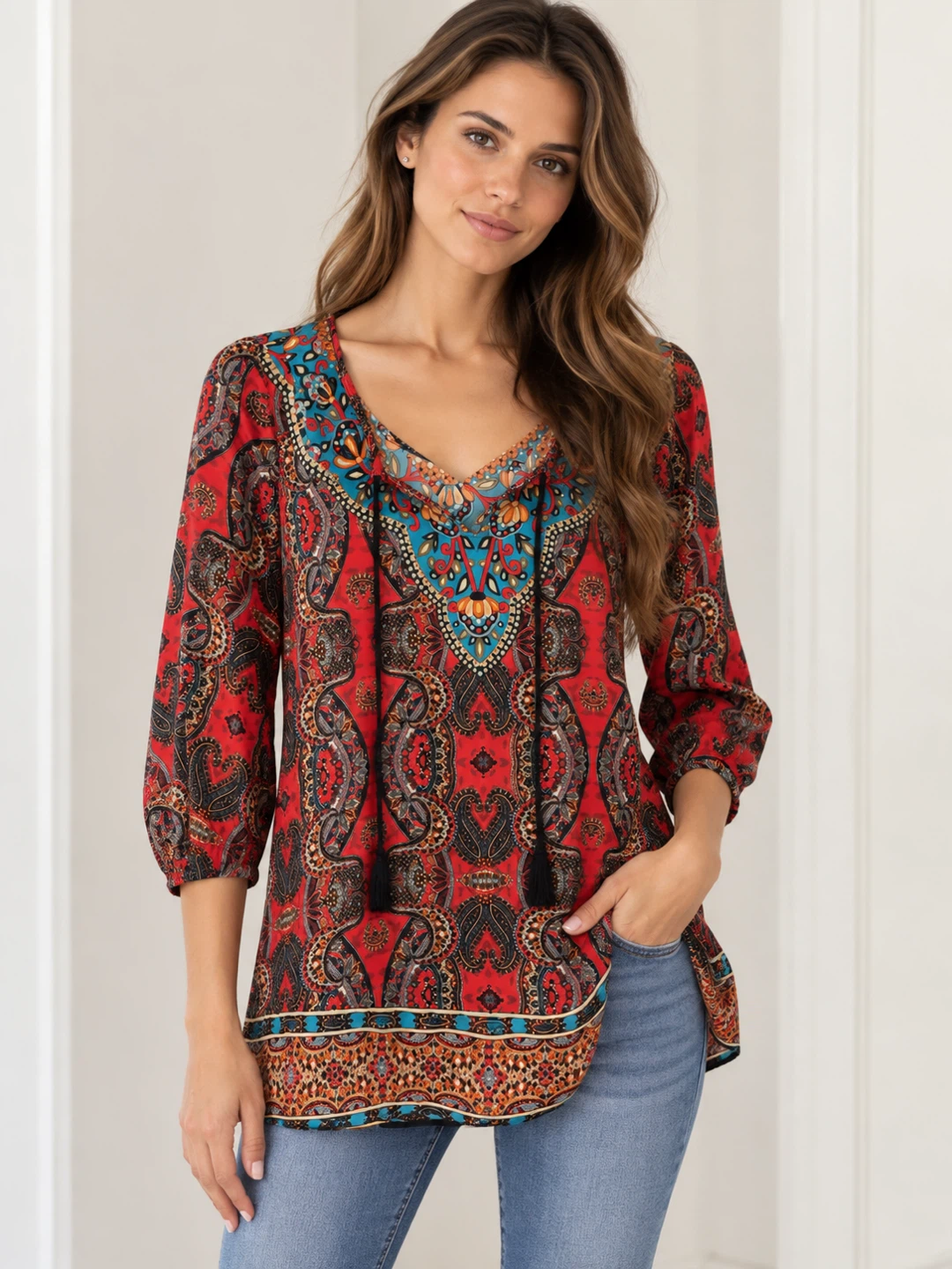NLW Paisley Boho Tunic Dress Size S – Red & Turquoise
