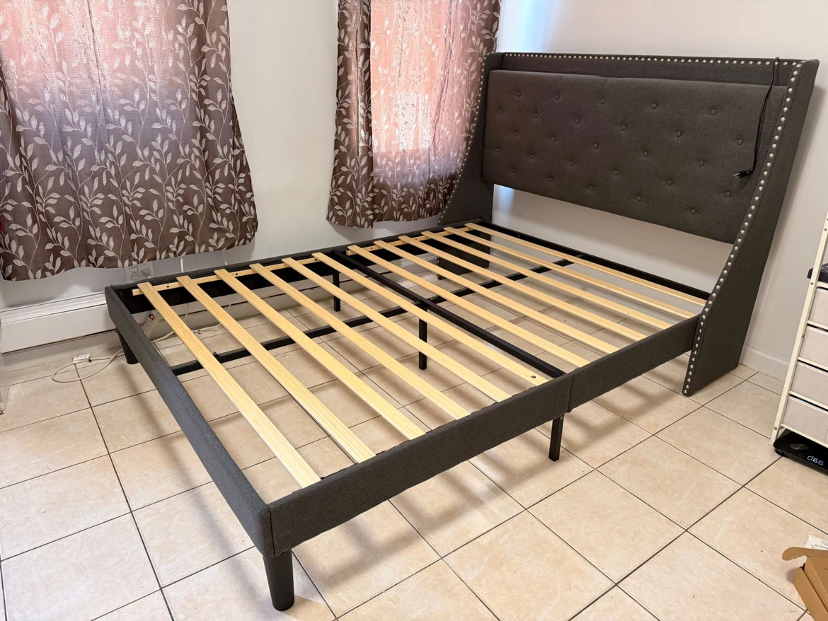 Upholstered Bed Frame with Built-in Charging Station