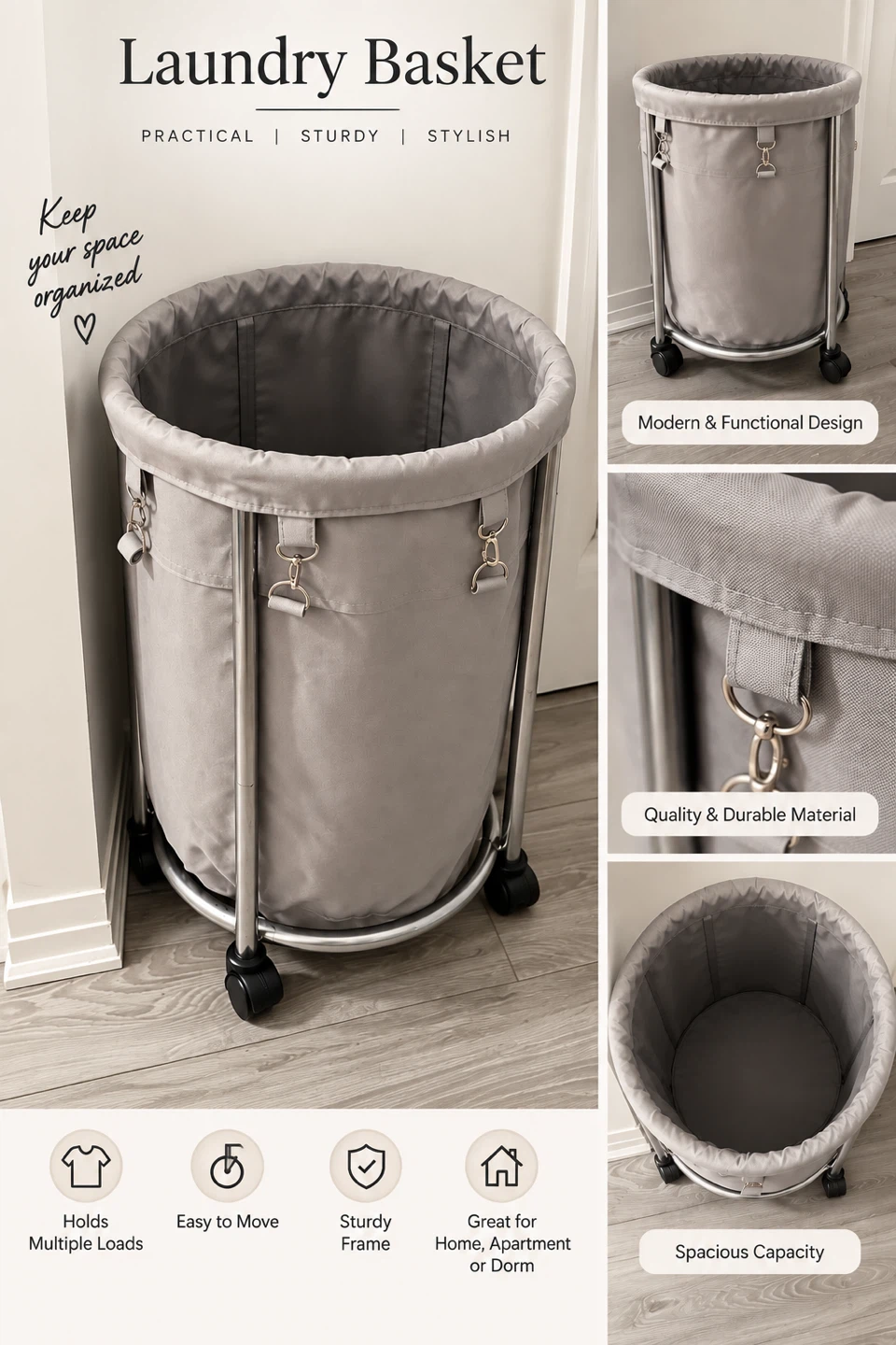 Rolling Laundry Basket Grey