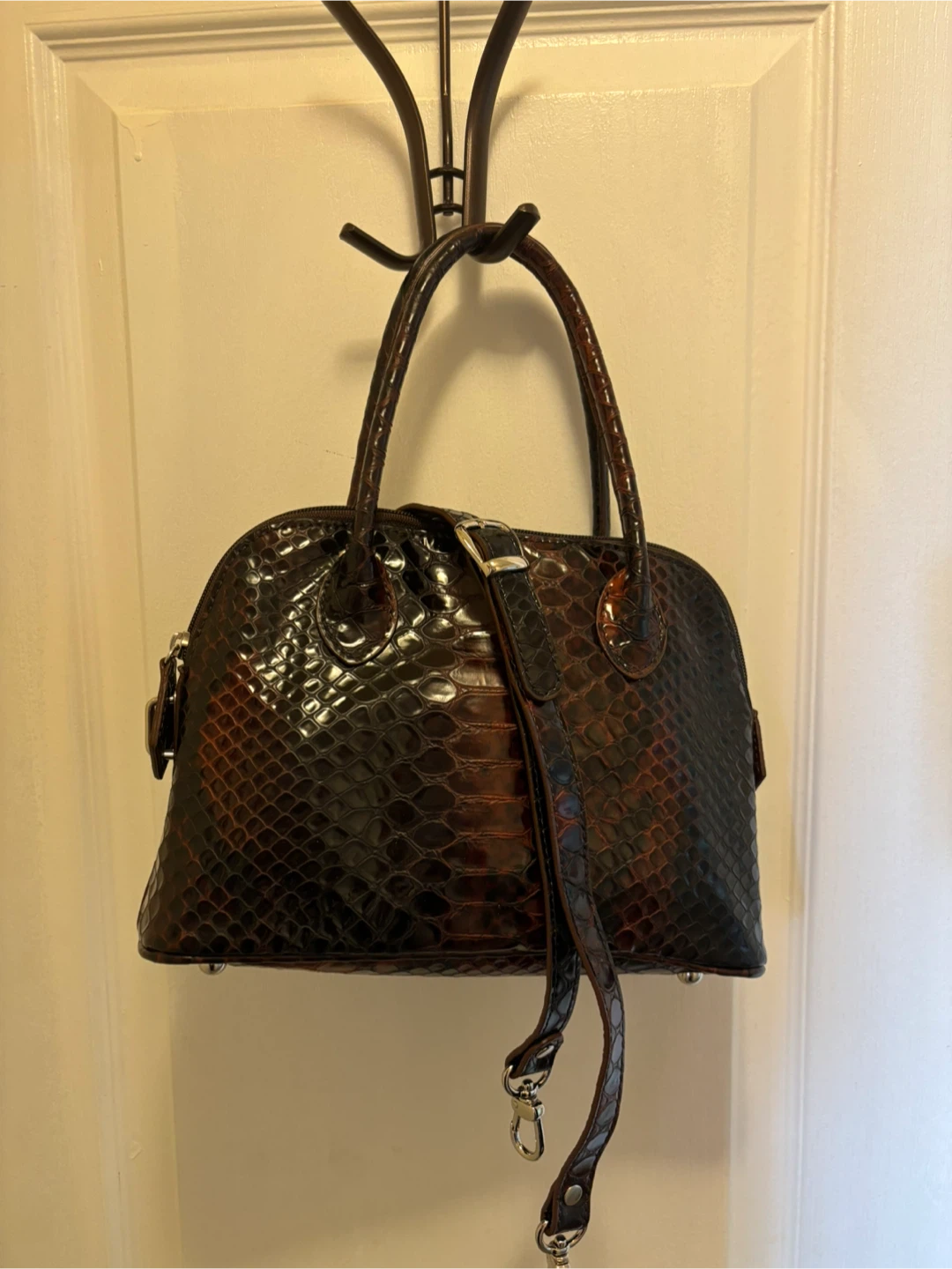 Danier Red and Black Ombre Croc-Embossed Leather Handbag