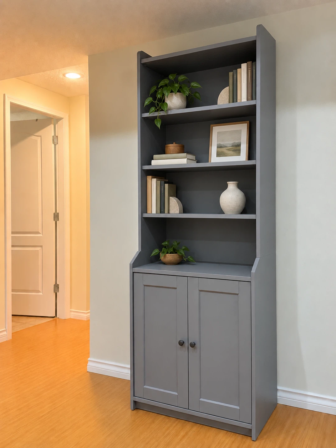 Tall Grey Bookcase with Storage Cabinet