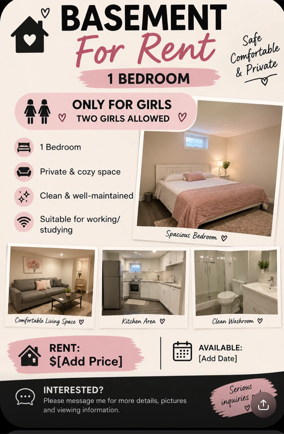 1 Bedroom Basement for Rent - Only for Girls