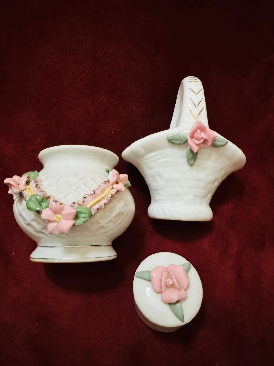 Vintage 3-Piece Porcelain Vanity Set (Applied Roses & Gold Trim)