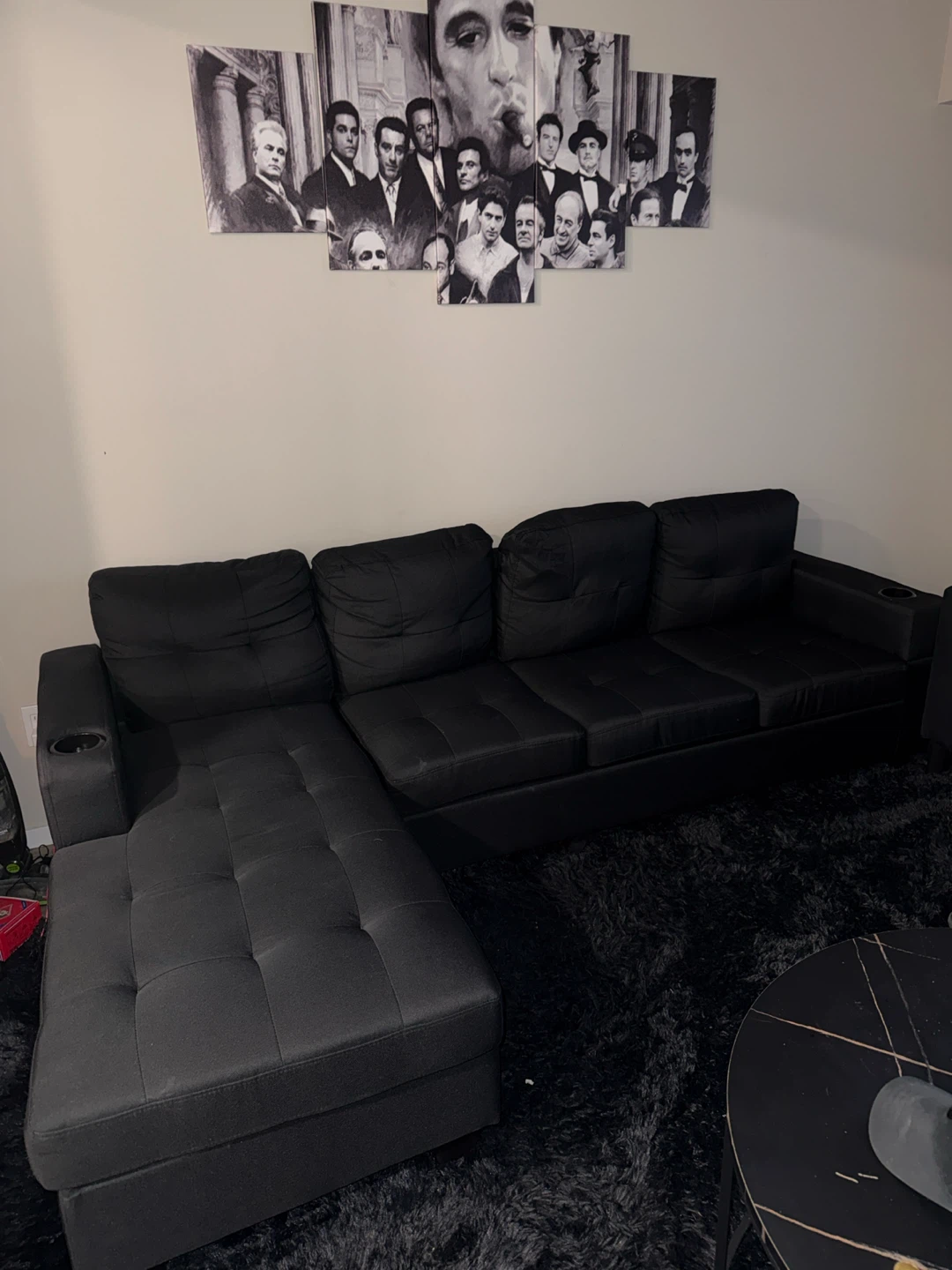 Black Sectional Sofa with Cup Holders