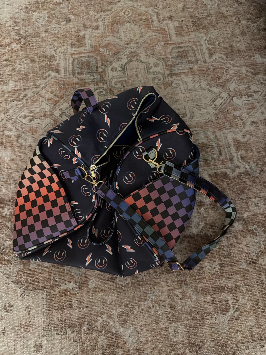 Duffel Bag with Smiley Face and Lightning Bolt Print