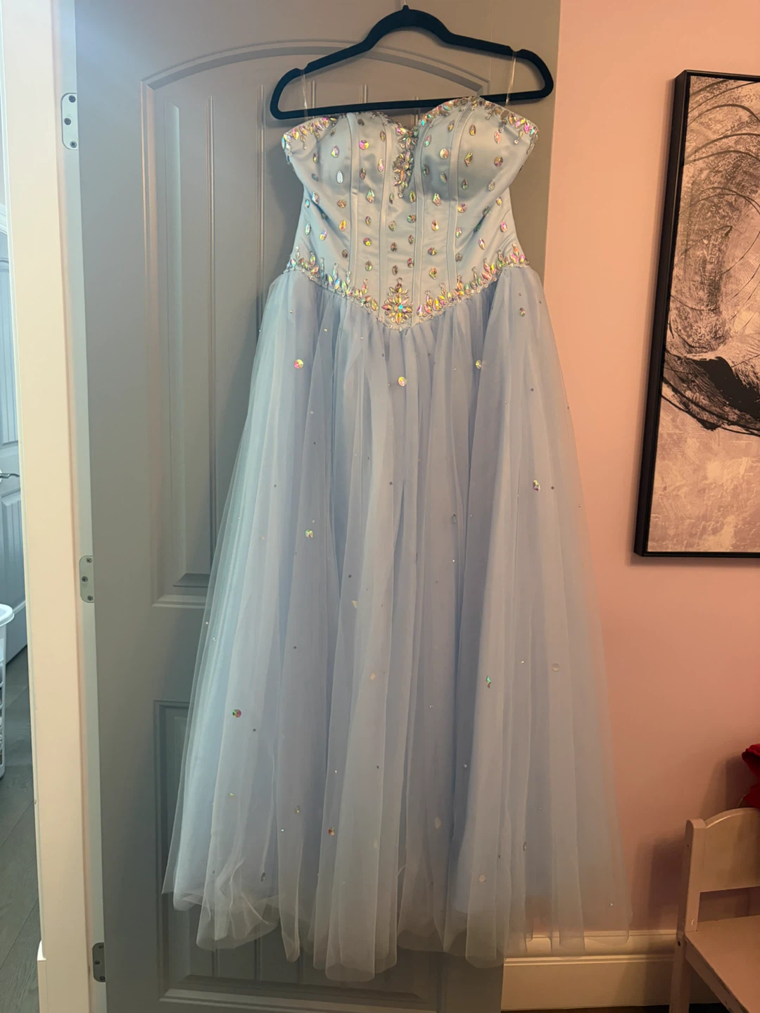 Light Blue Formal Prom Dress with Rhinestones