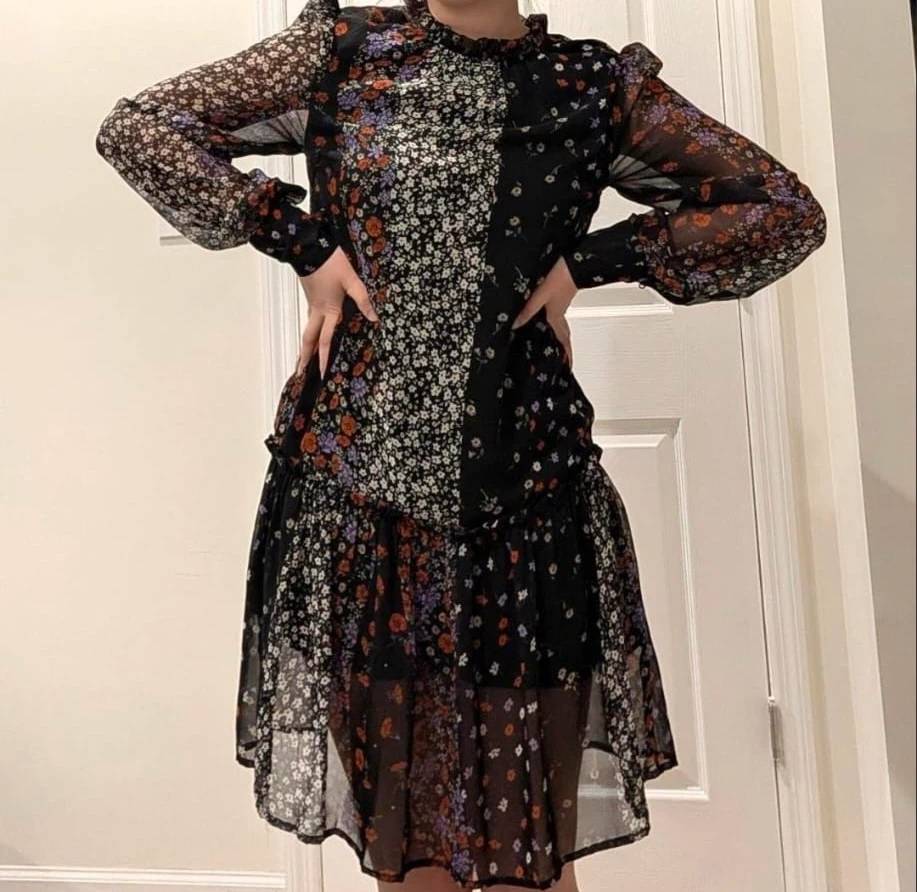 Patchwork Sheer Floral and Black Dress