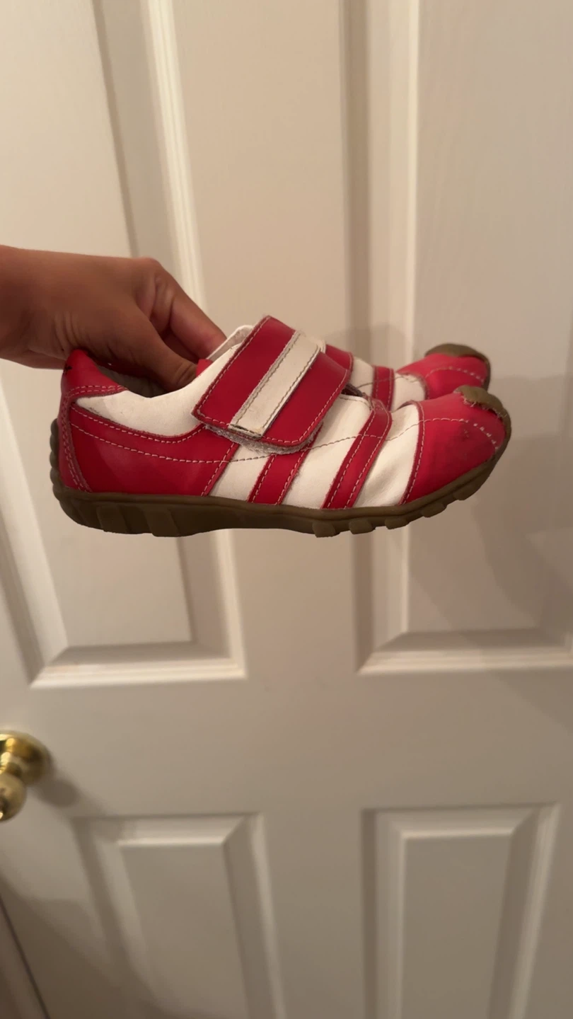 Red and white velcro sneakers