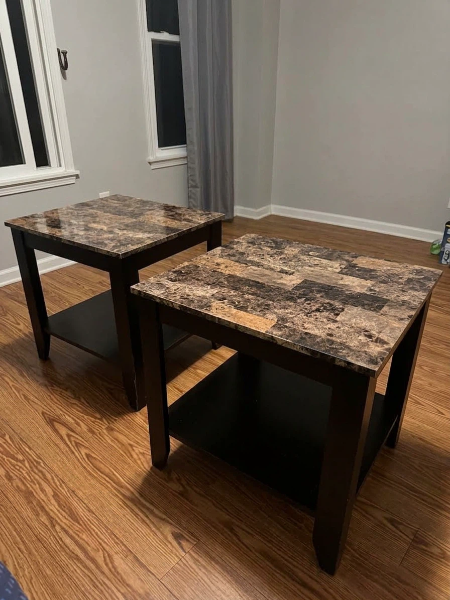 Pair of Faux Marble Top Side Tables – $40 OBO