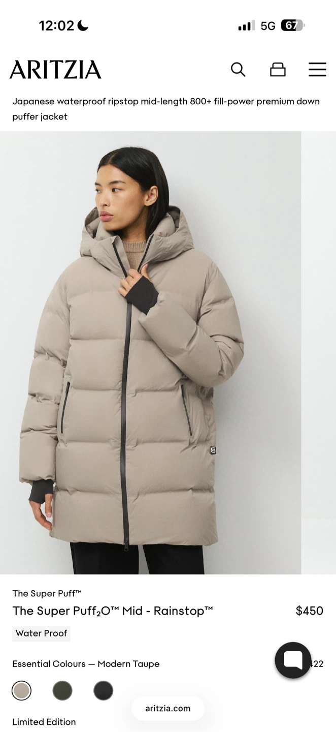 Aritzia The Super Puff™ Mid - Rainstop™ Puffer Jacket