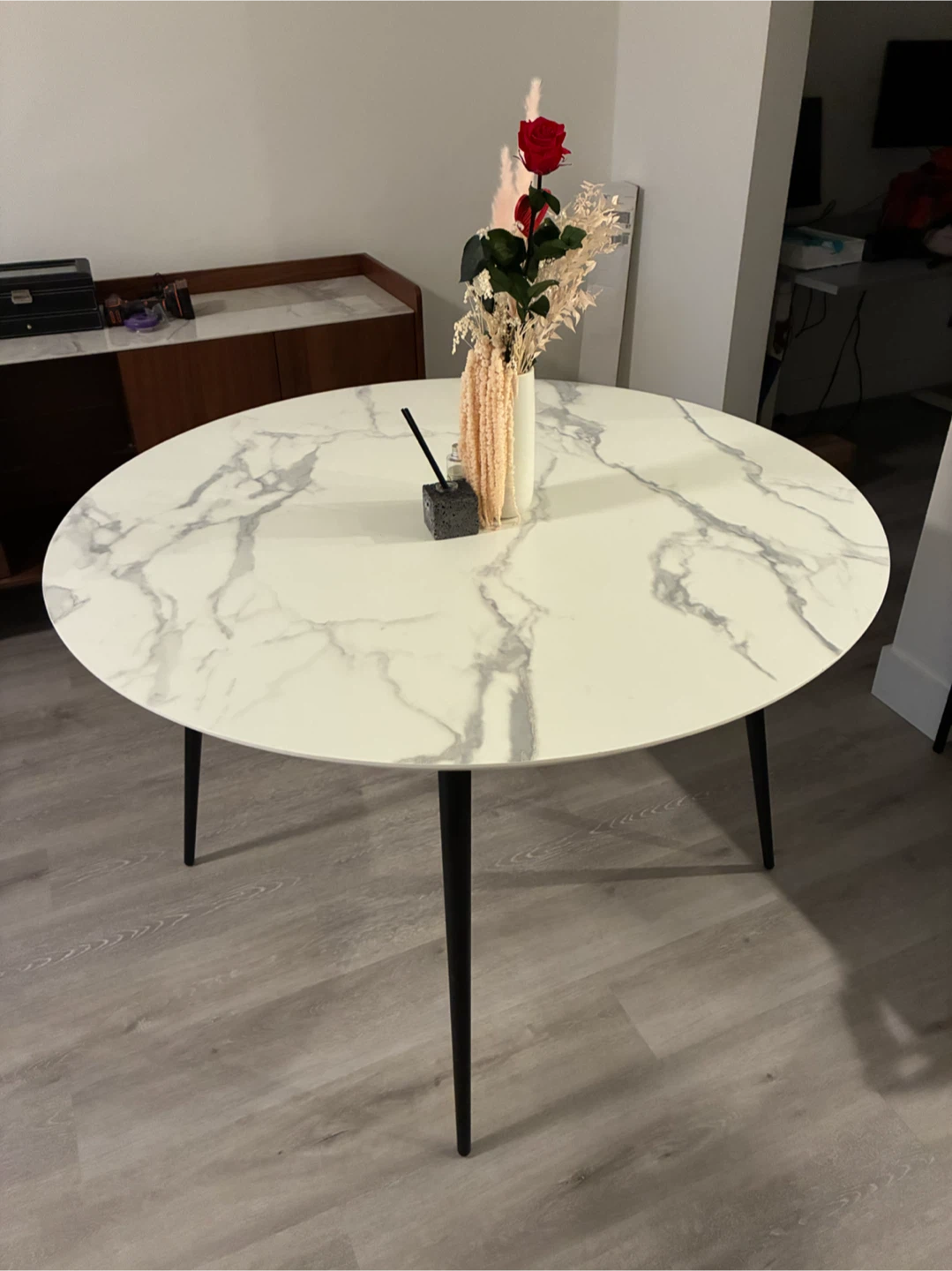 Round Marble-Look Dining Table