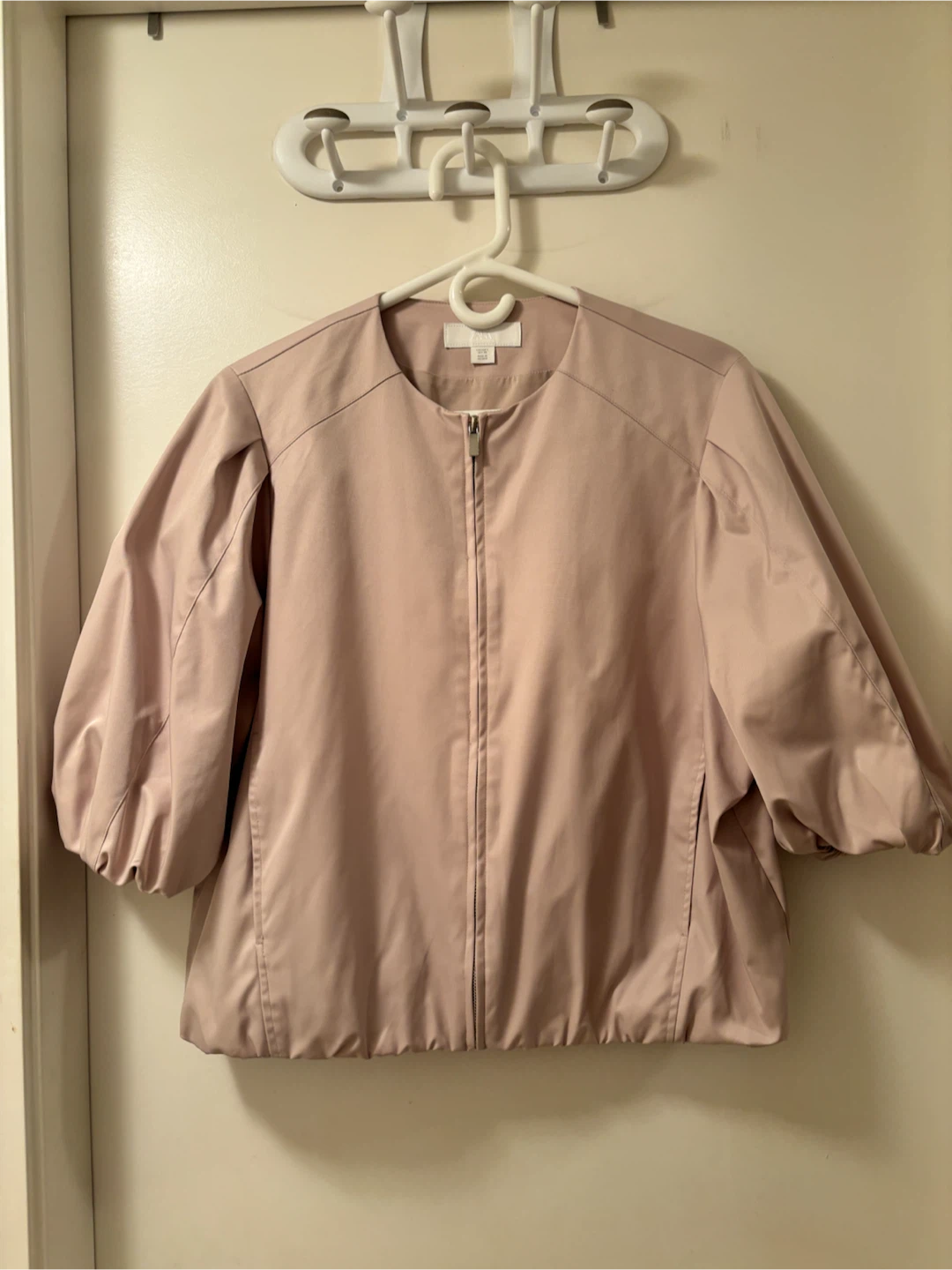 ZARA Light Pink Cropped Jacket with Puff Sleeves