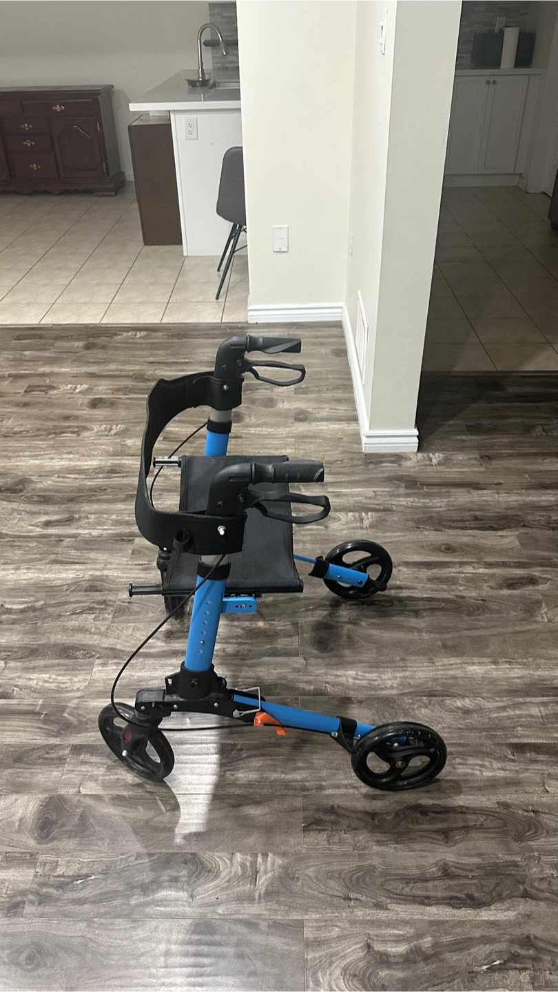 Blue 4-Wheel Walker with Seat and Brakes