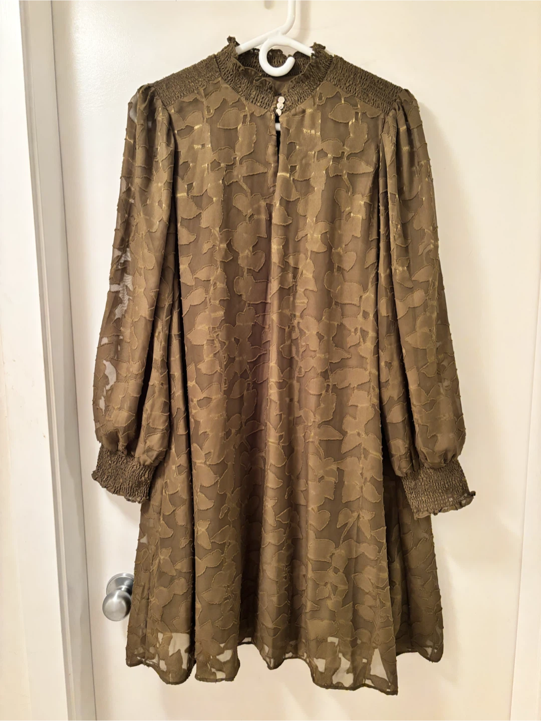 Tommy Hilfiger Olive Green Long Sleeve Smocked-Yoke Dress Size14