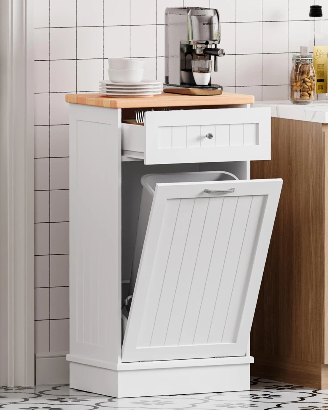 10 Gallon Tilt Out Trash Cabinet with Big Storage Drawer
