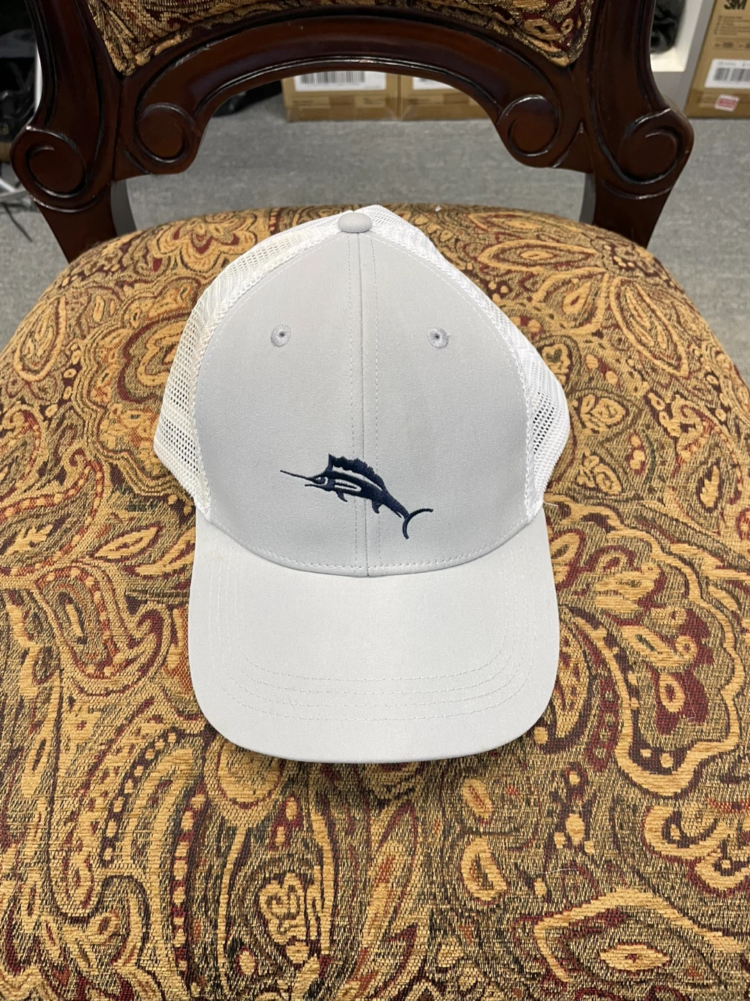 Light Gray Mesh Back Trucker Hat with Fish Logo - photo 4