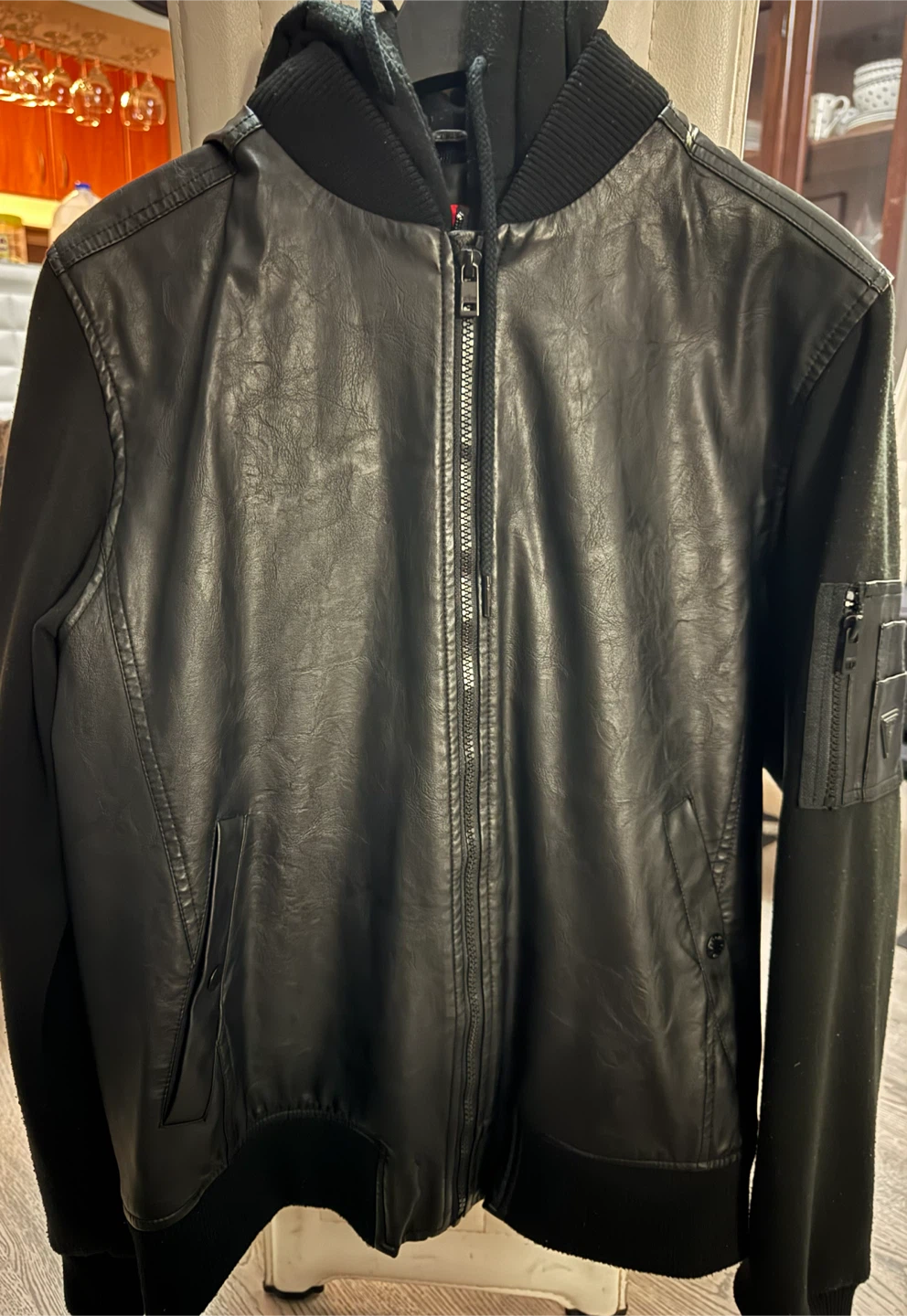 Guess Men’s Faux Leather Hooded Jacket
