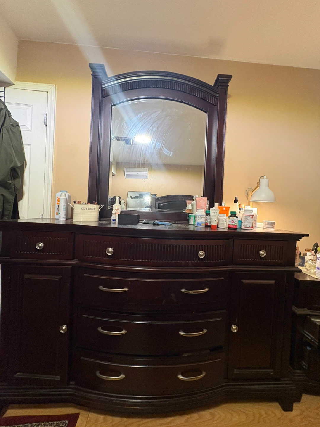 Dark Wood Bedroom Set - Bed, Dresser & Nightstands