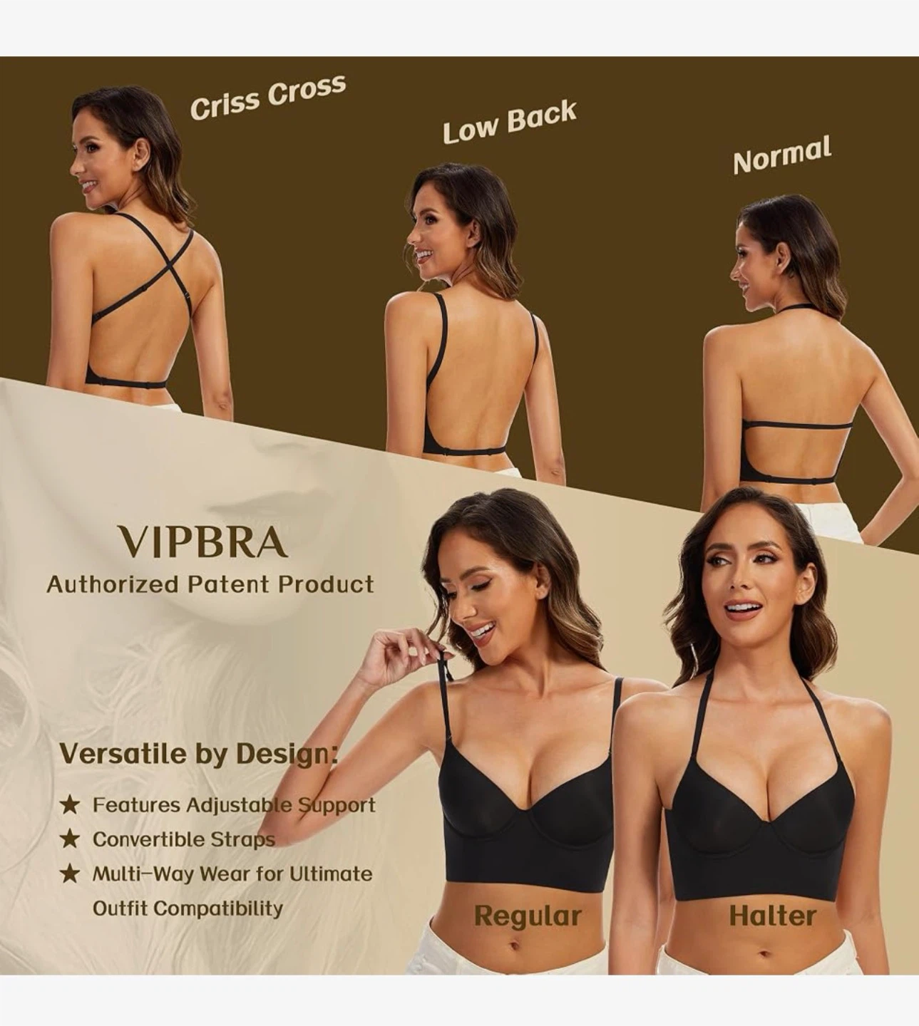 VIPBRA Low Back Convertible Bra Black 36C