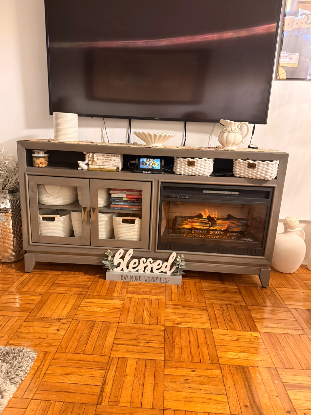 Gray TV Stand with Electric Fireplace