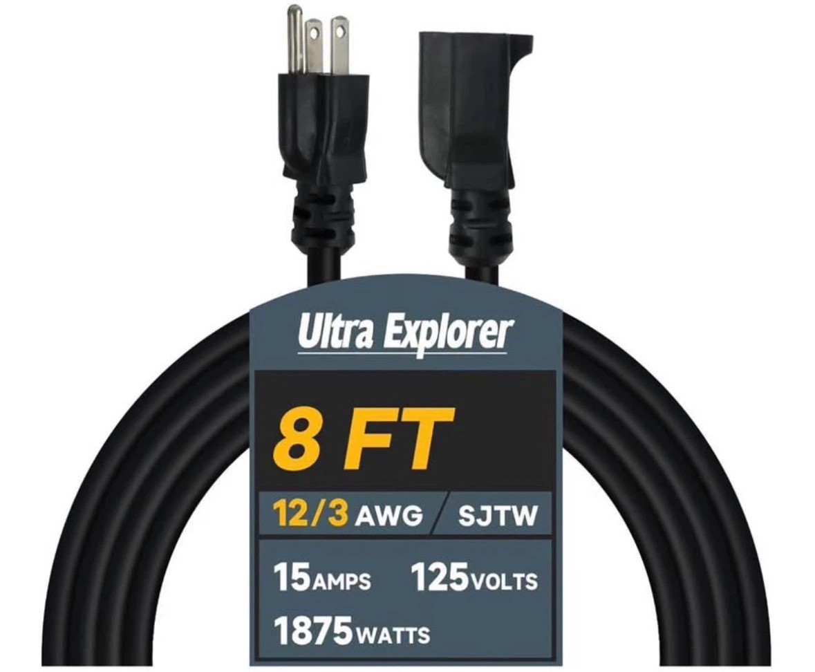 8 Ft, 12/3 SJTW Heavy Duty Extension Cord Waterproof/ 3 Prone 9