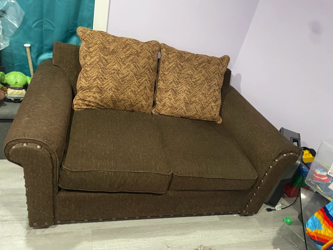 Brown Loveseat Sofa with Accent Pillows