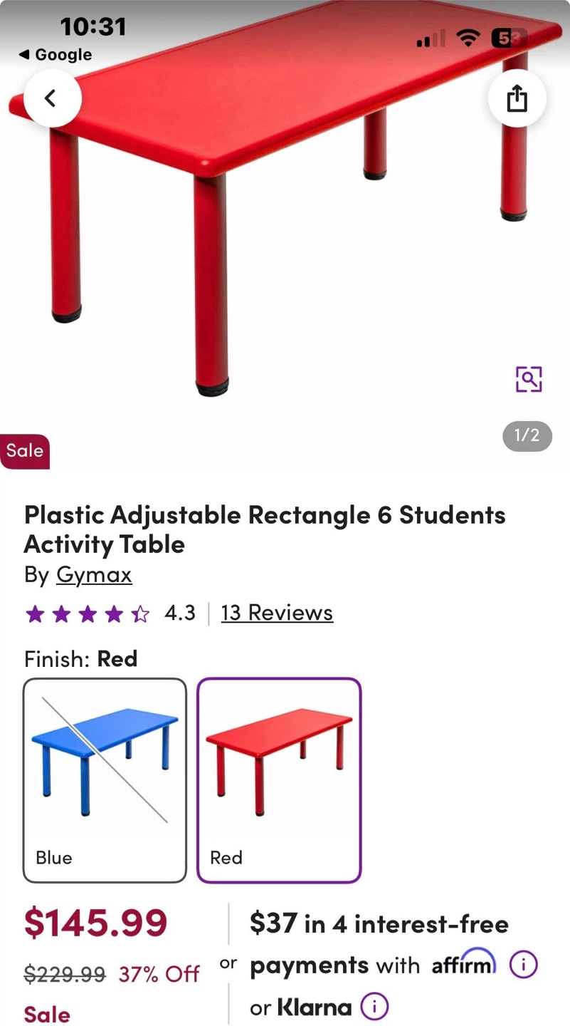 Plastic Activity Table Red
