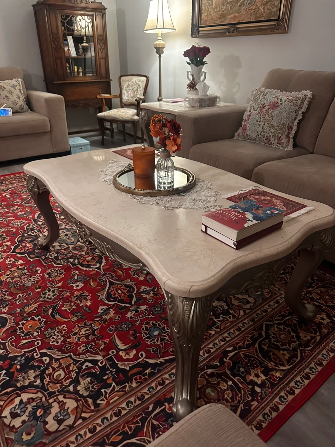 Ornate marble top coffee table