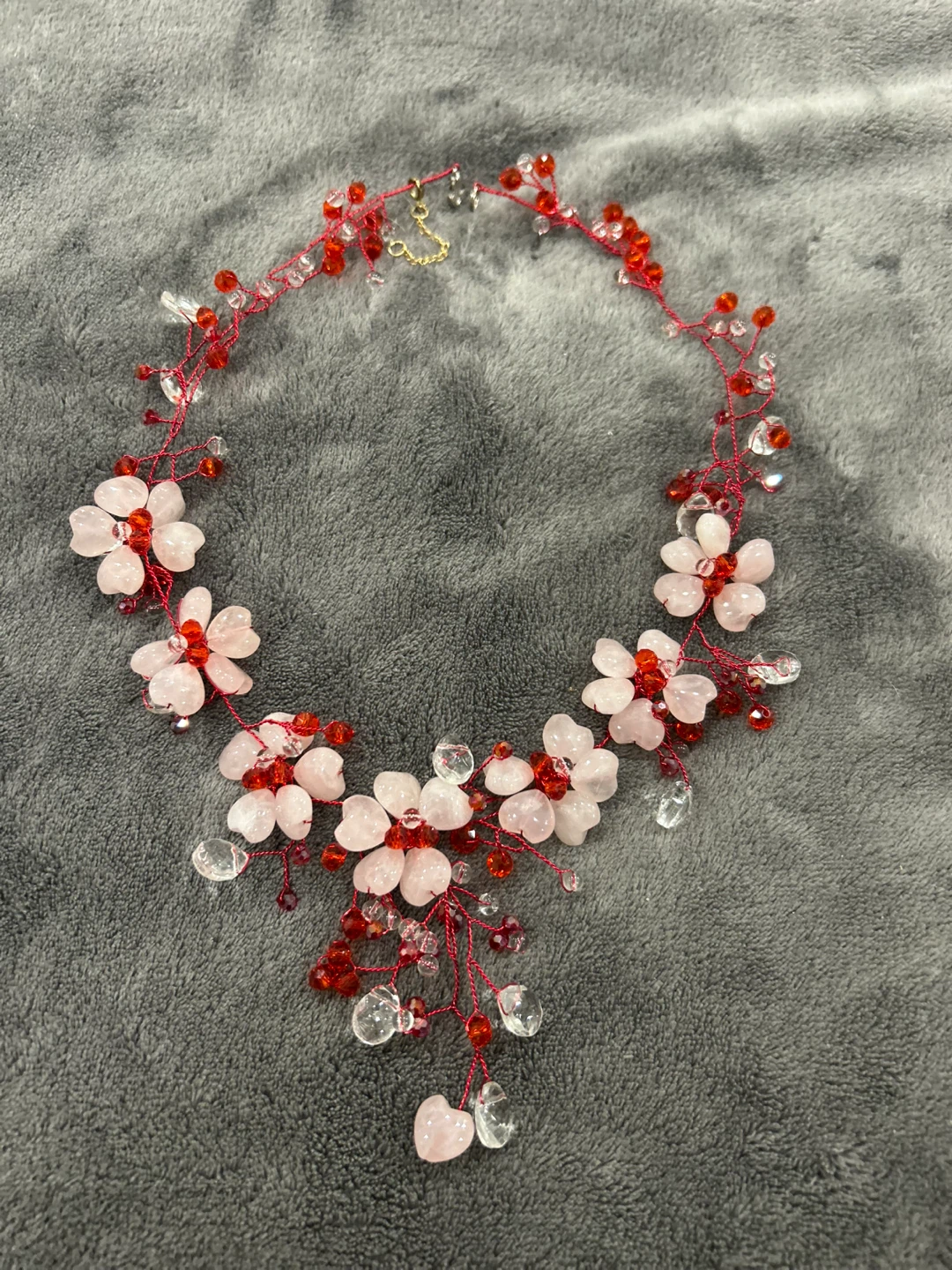 Rose quartz Floral Beaded Necklace - Pink & Red
