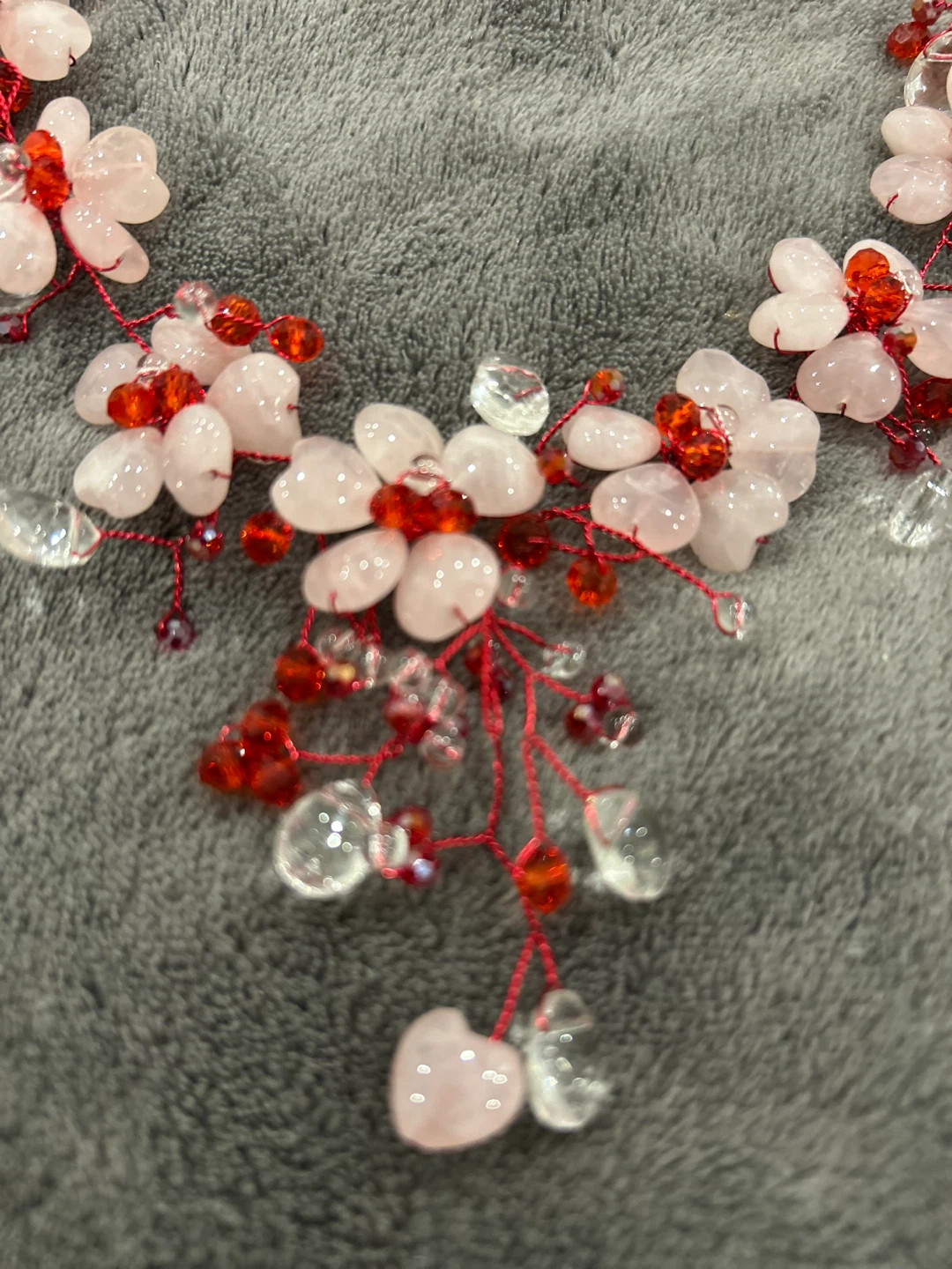 Rose quartz Floral Beaded Necklace - Pink & Red - photo 2