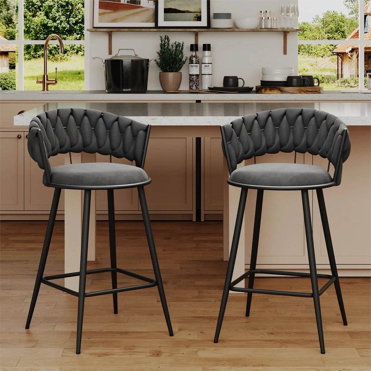 Set of 2 Grey Velvet Bar Stools