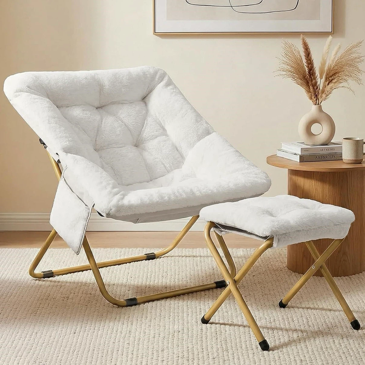 White Fluffy Moon Chair with Ottoman