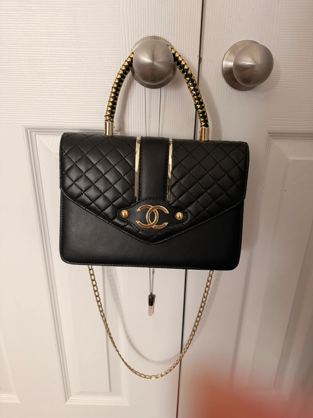 Black Handbag with Gold-Tone Chain