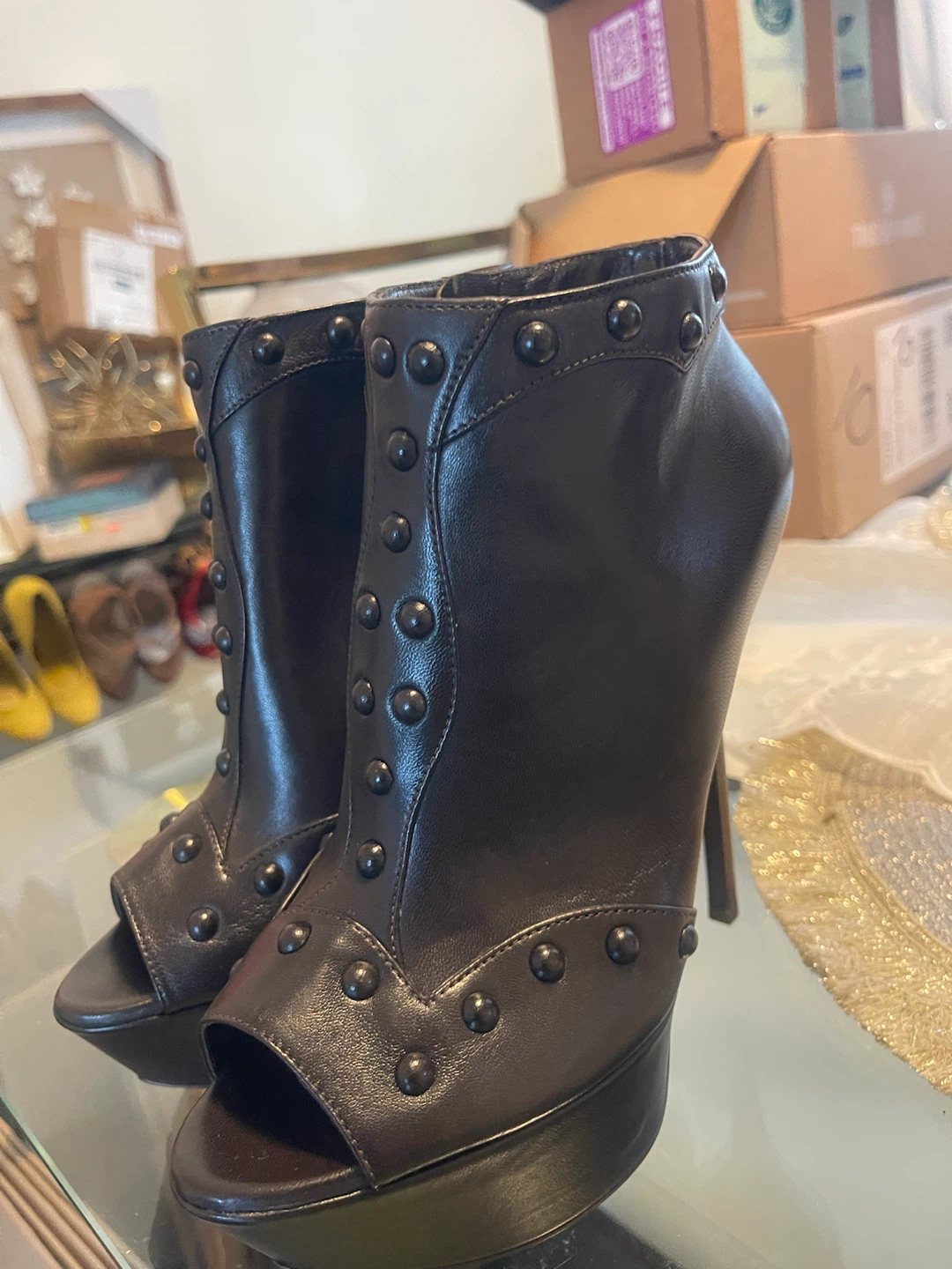 Sergio Rossi black studded peep-toe booties
