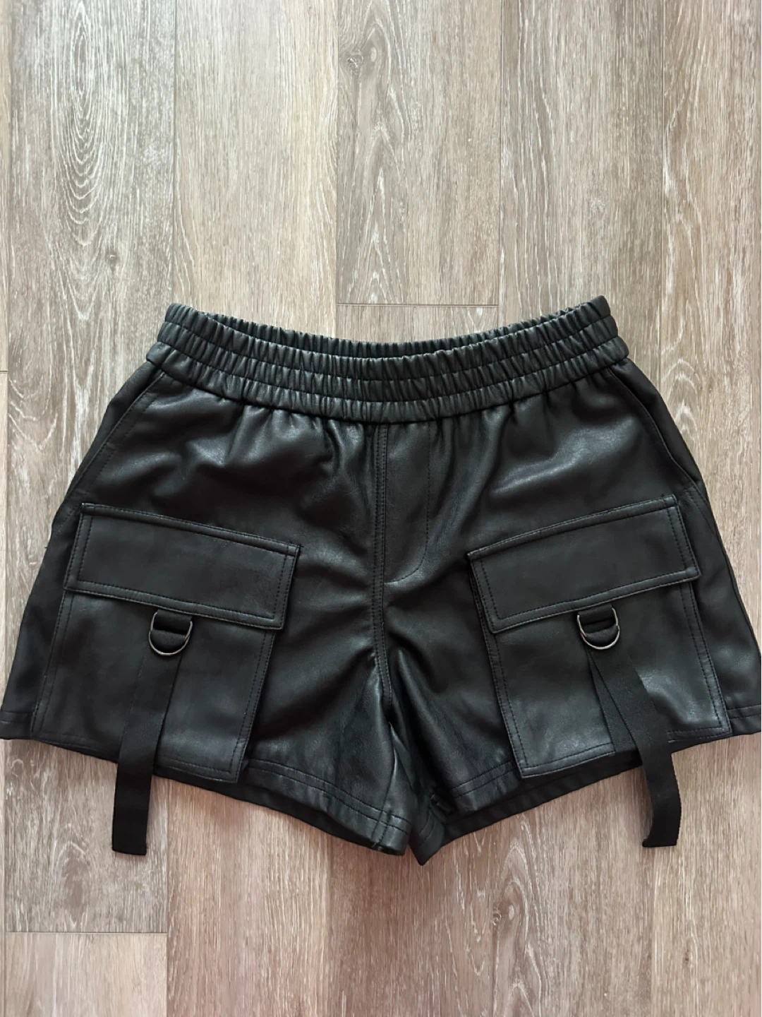 Black Faux Leather Cargo Shorts XS