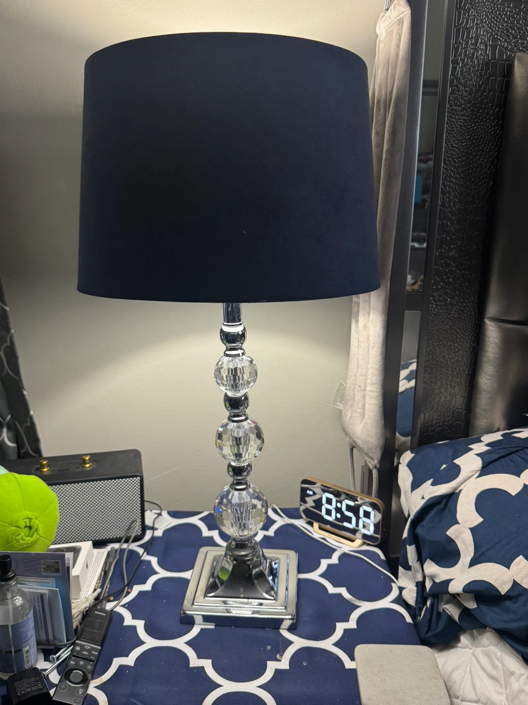 Set of Two Blue Drum Shade Table Lamps with Crystal Accents