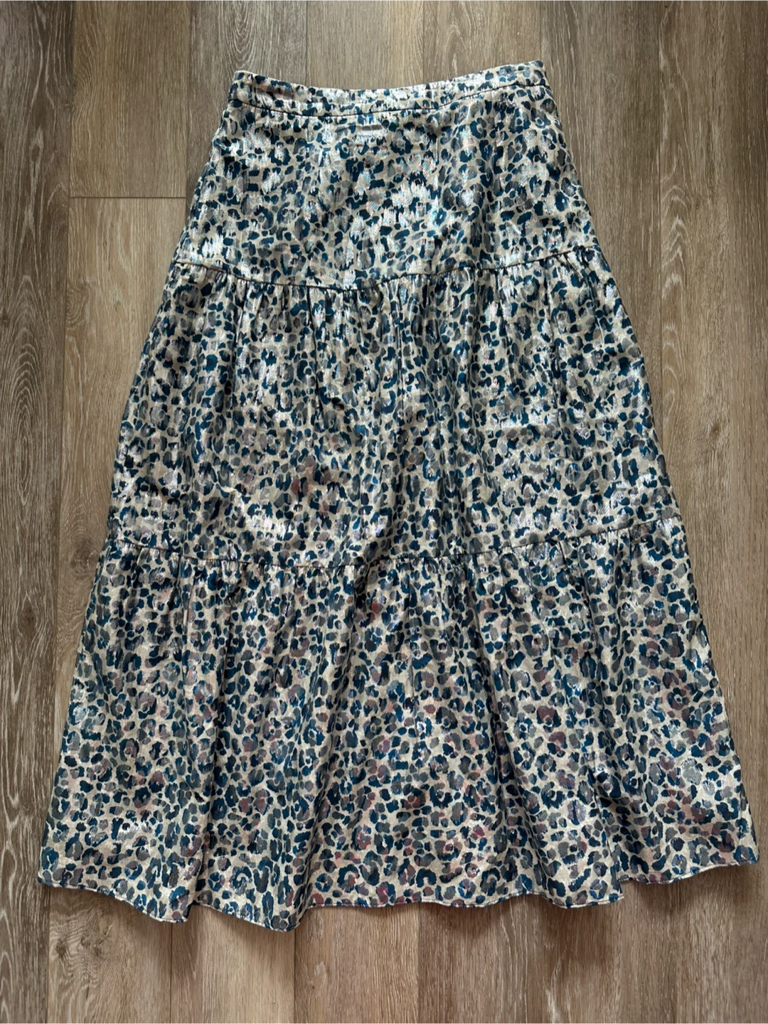 WHISTLES Metallic Leopard Print Tiered Midi Skirt