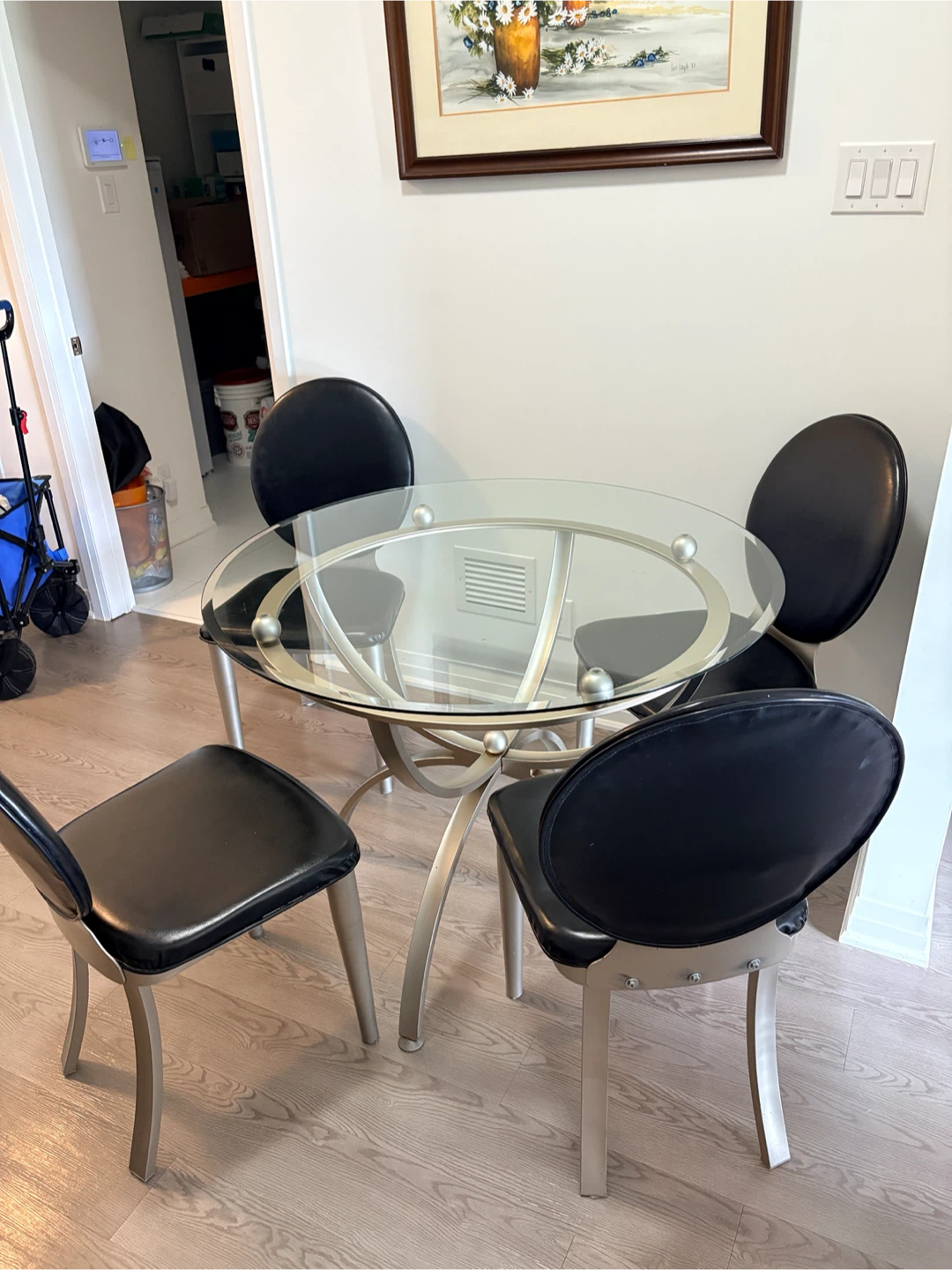 Glass Top Dining Table Set with 4 Black Chairs