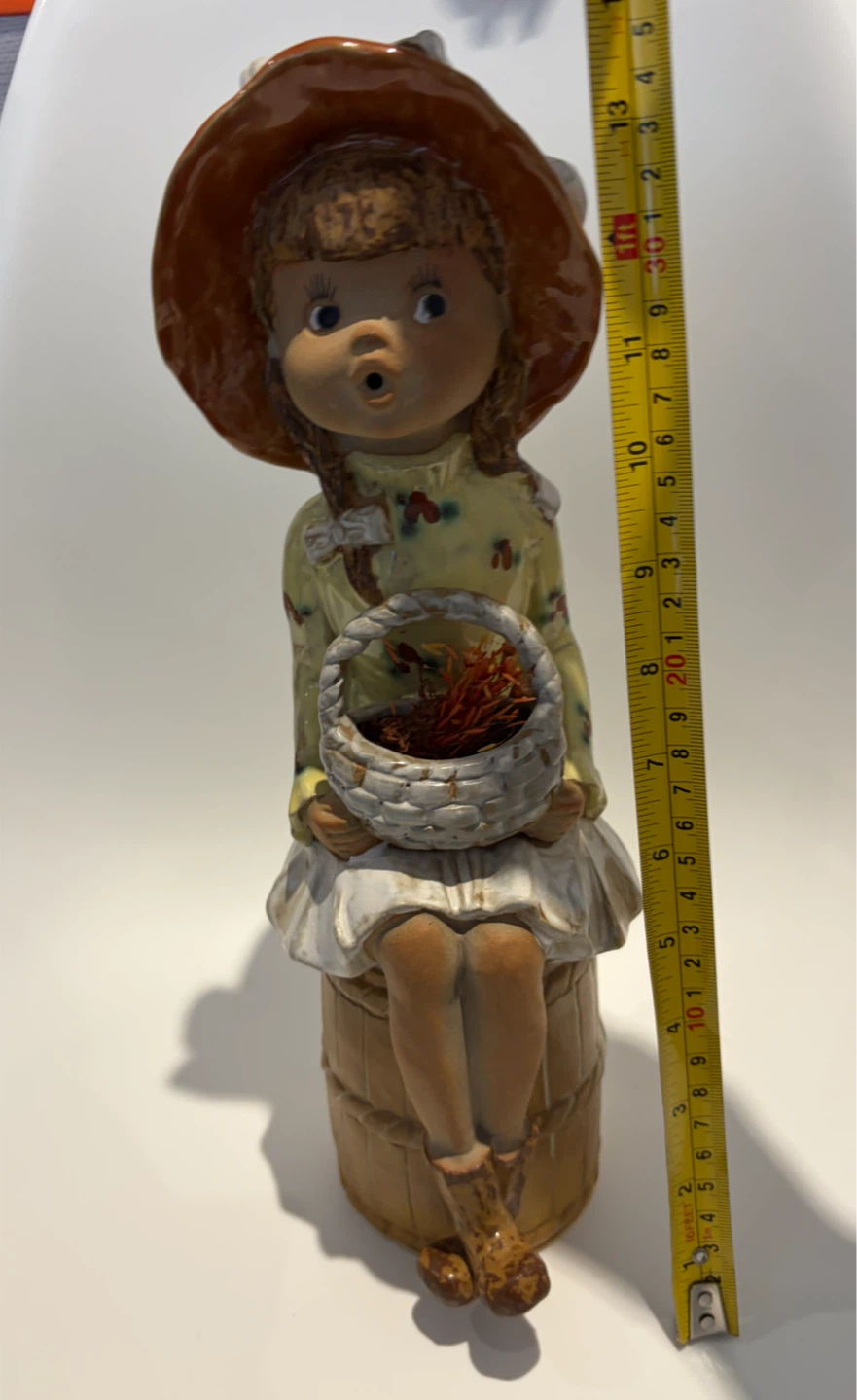 Vintage Mann Ceramic Girl Figurine with dried flowers