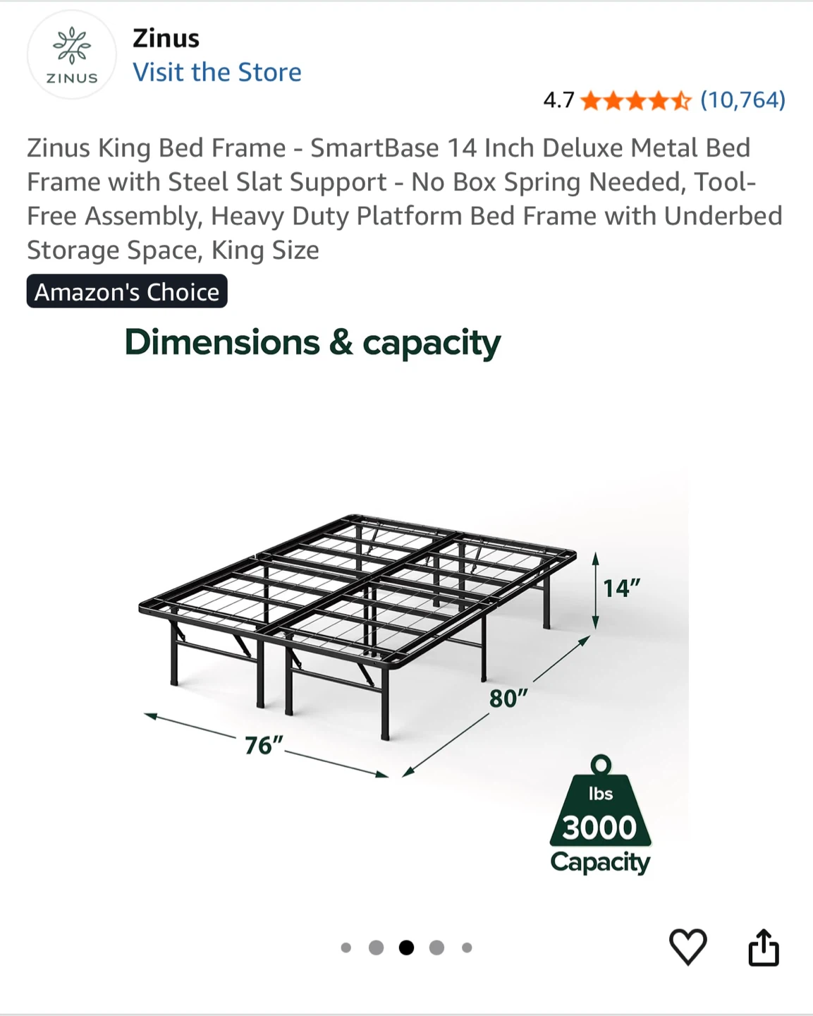 Zinus King Size SmartBase 14 Inch Deluxe Metal Bed Frame