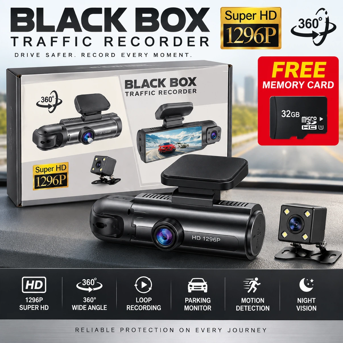 1296P 360° Dash Cam Traffic Recorder + Free Memory Card