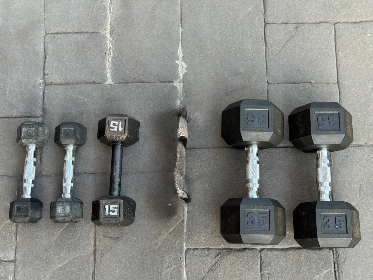 Hex Dumbells - Pair of 35 and 5 lbs + a 15