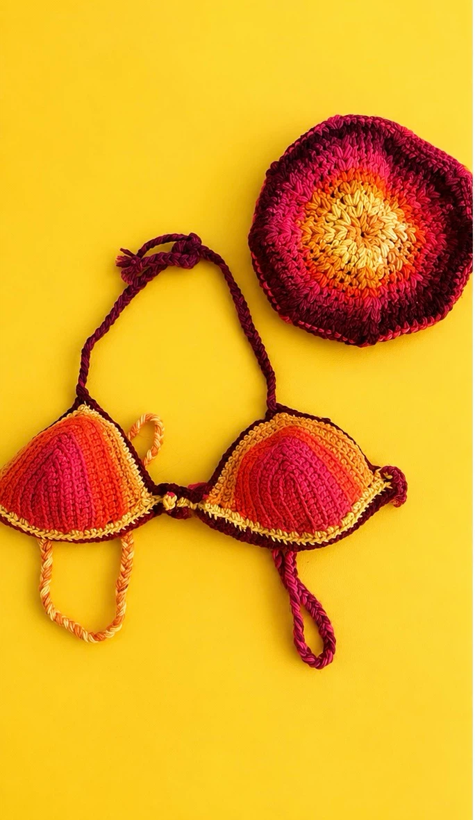 Colourful Handmade Crochet Bikini Top and Beret Hat